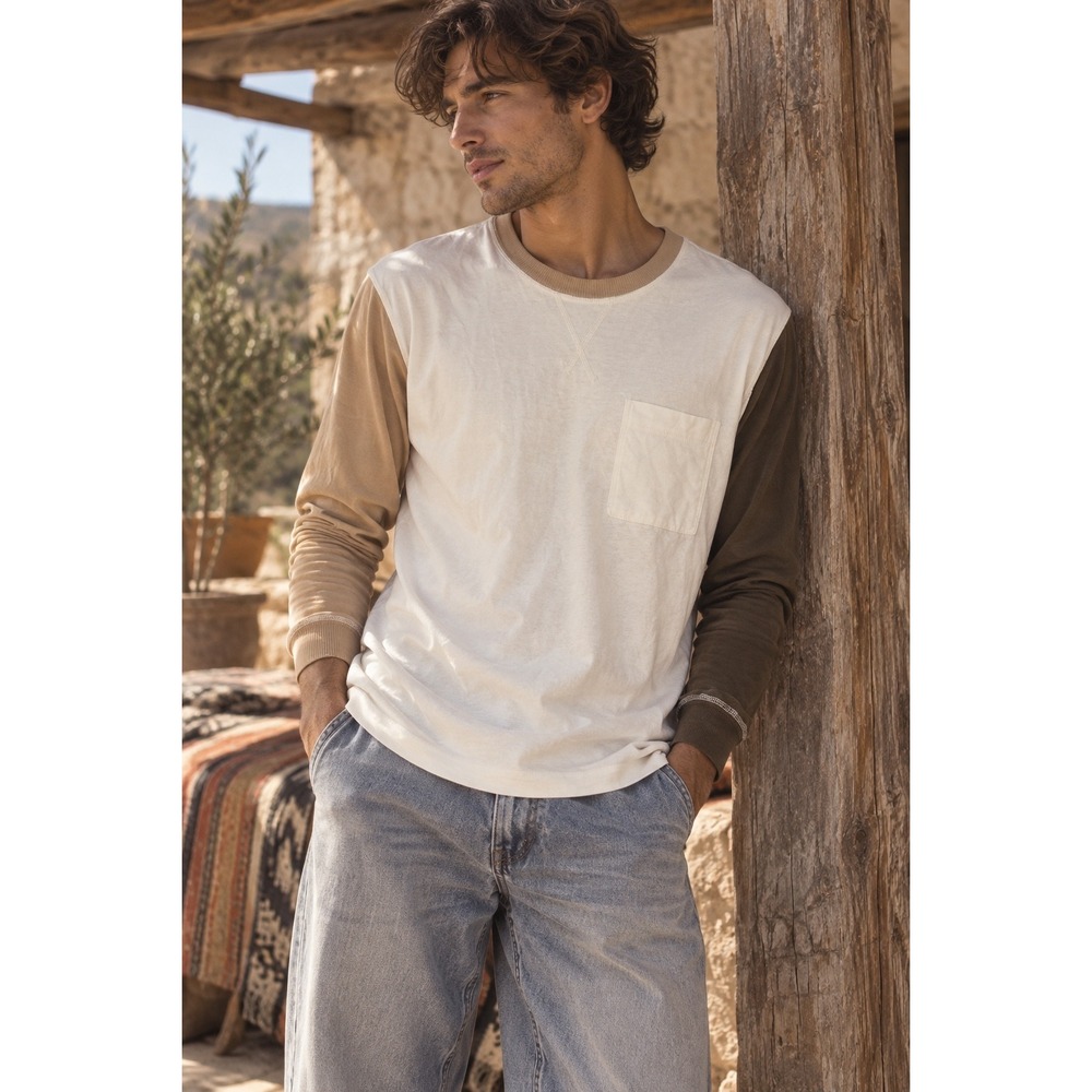Urban Outfitters Mens Colorblock Long Sleeve Pocket Tee White Brown Small